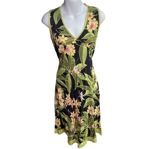 Vintage Ku De Ta Floral Hawaiian Black Green Tropical Sundress Women's Size Med